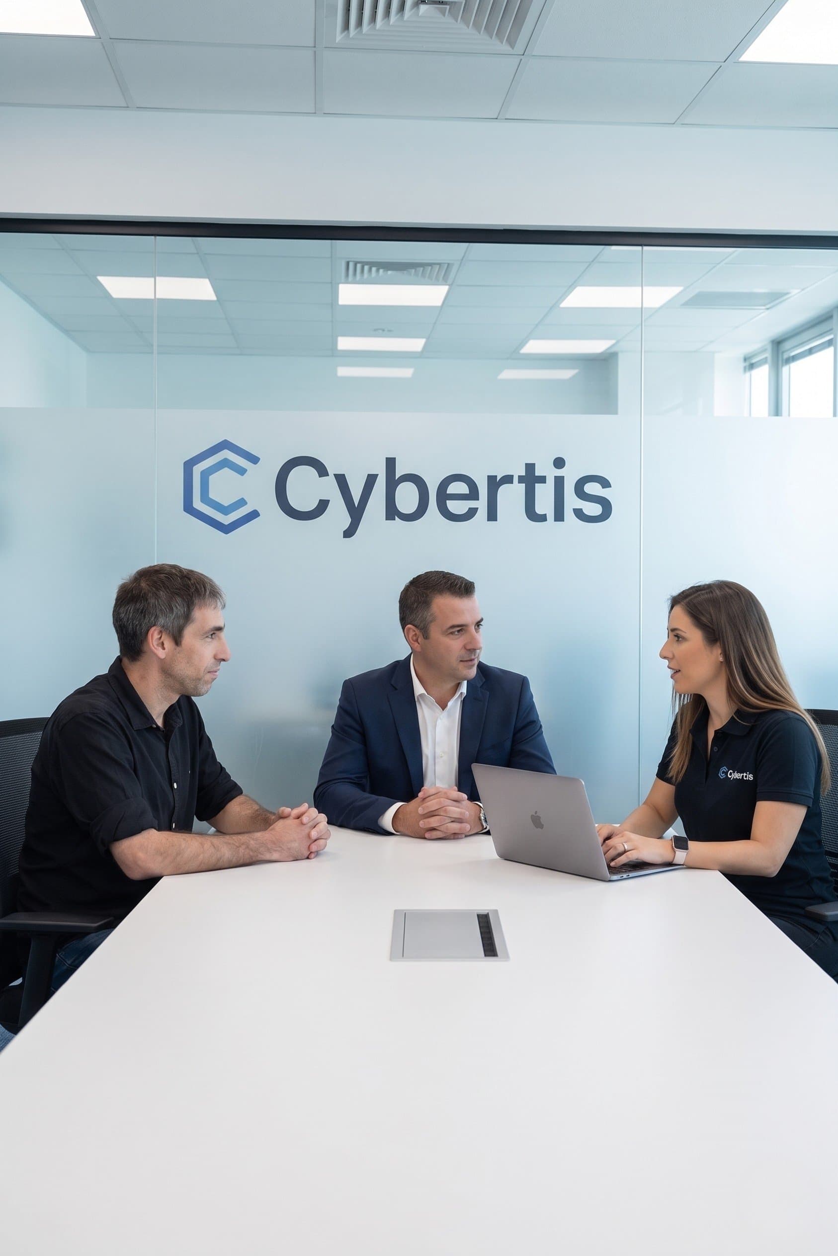 צוות Cybertis בפגישת אסטרטגיה עם לקוח בחדר ישיבות ממותג